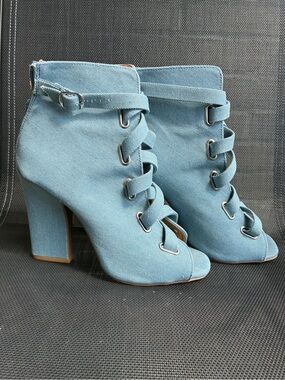Light Blue Denim Lace-Up Peep Toe Ankle Boots, size 9
